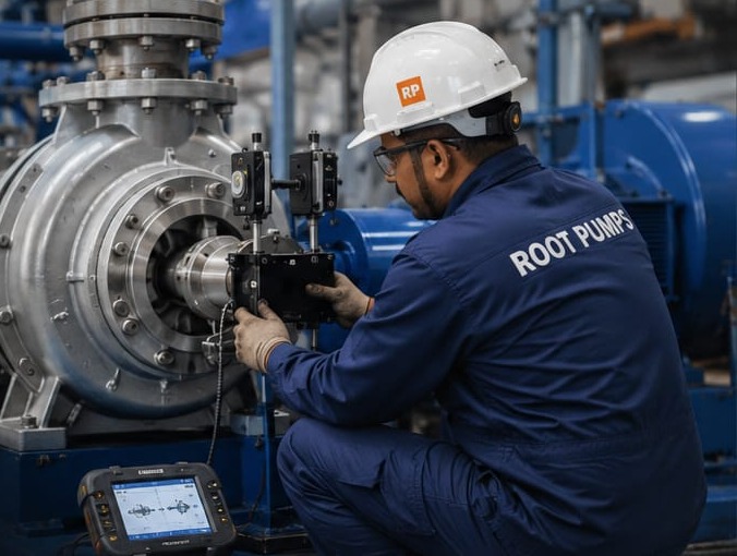 Root Pumps technician performing laser alignment