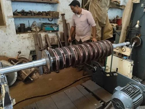 Rotor shaft being machined on a lathe in the Root Pumps workshop